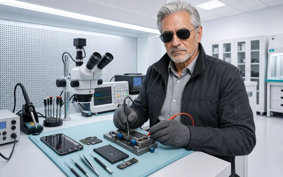 Especialista do Ronin realizando assistência técnica em celular aberto