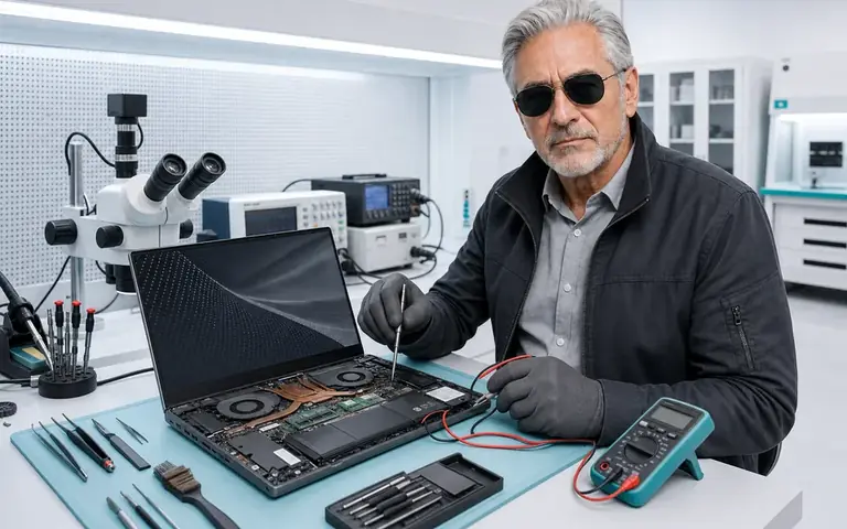 Especialista do Ronin realizando assistência técnica em notebook aberto