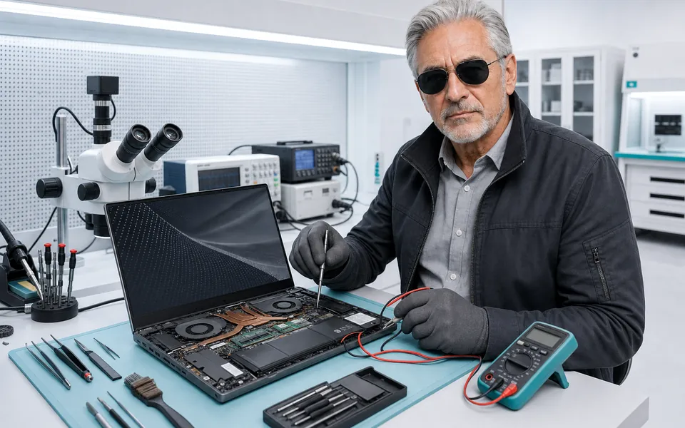 Especialista do Ronin realizando assistência técnica em notebook aberto