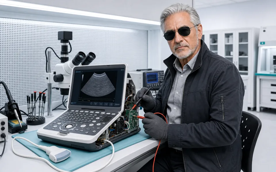 Especialista do Ronin diagnosticando a eletrônica de um aparelho de ultrassom