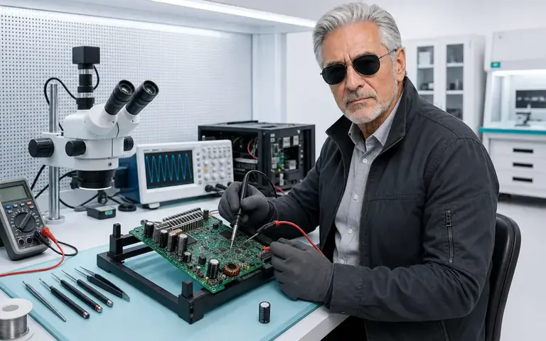 Especialista do Ronin reparando uma placa durante manutenção corretiva