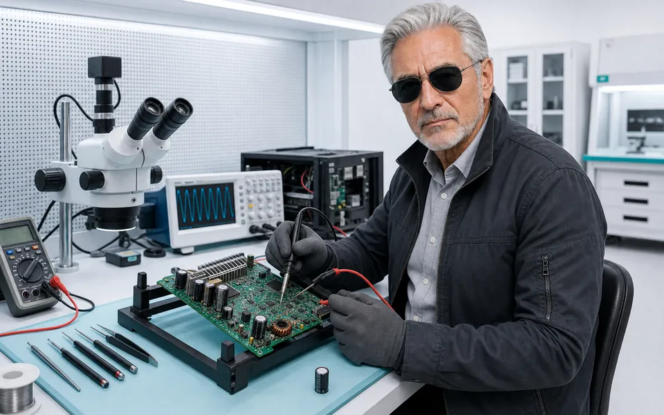 Especialista do Ronin reparando uma placa durante manutenção corretiva