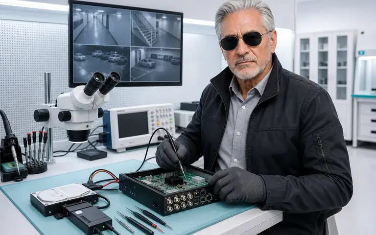 Especialista do Ronin diagnosticando DVR e HD de sistema de segurança