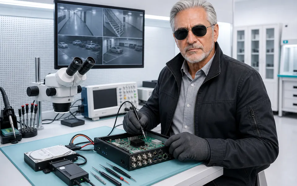 Especialista do Ronin diagnosticando DVR e HD de sistema de segurança