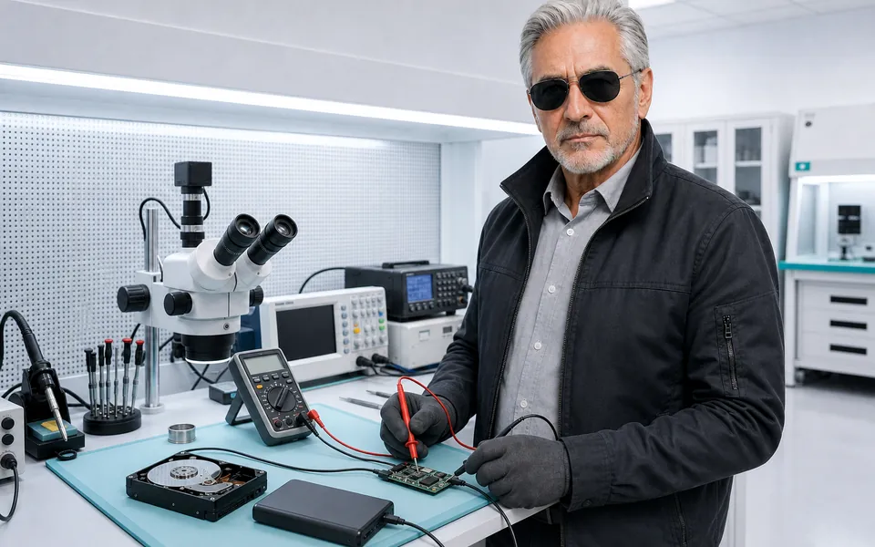 Especialista do Ronin diagnosticando um HD externo em bancada técnica