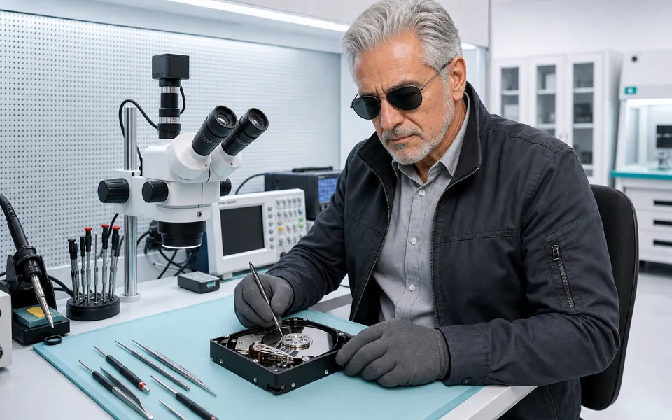 Especialista do Ronin trabalhando na recuperação de dados de um HD