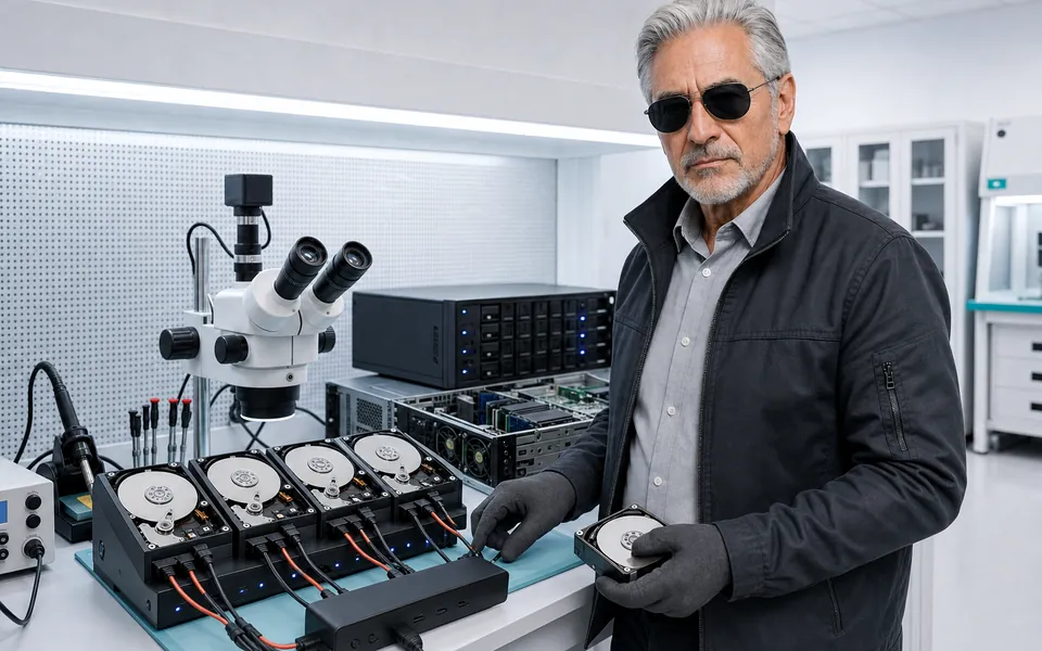 Especialista do Ronin analisando múltiplos discos de RAID e servidor